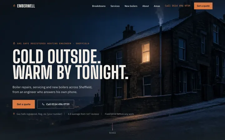 Emberwell Heating homepage: a terraced house at dusk with one warm window and the headline Cold outside. Warm by tonight.