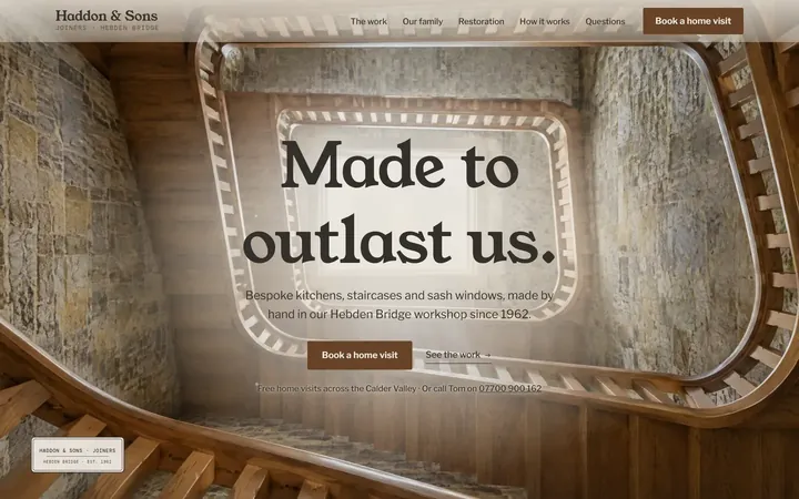 Haddon and Sons homepage: looking down an oak stairwell with the headline Made to outlast us.