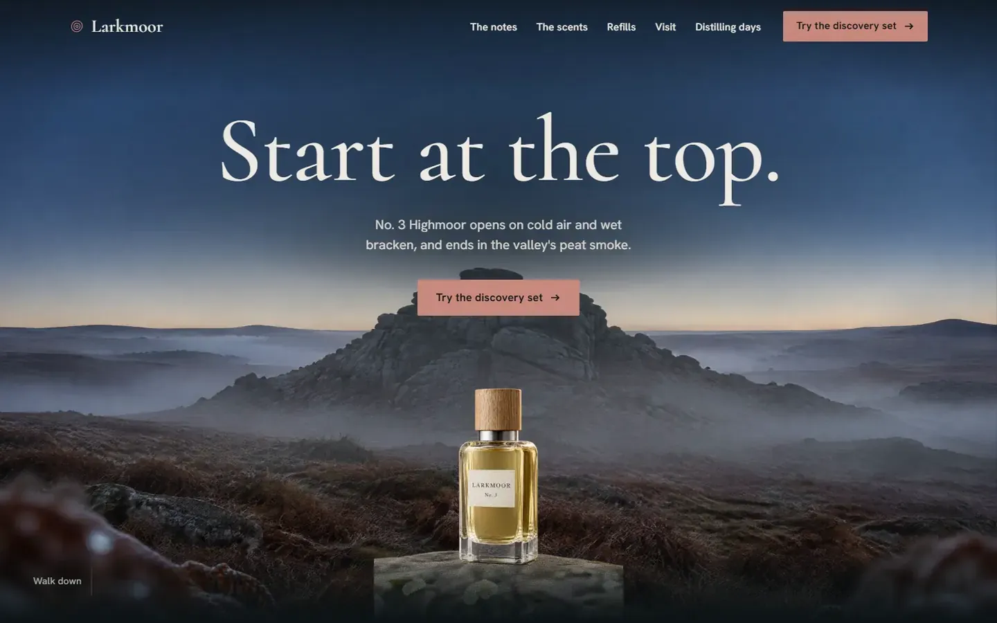 Larkmoor perfume homepage: a bottle on a rock above a misty moor under the headline Start at the top.