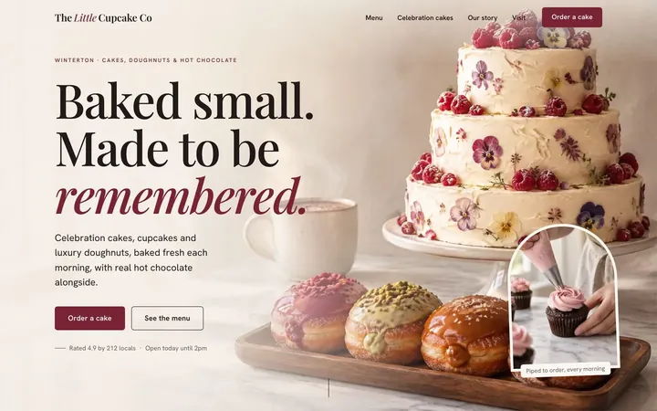 The Little Cupcake Co homepage: a floral celebration cake and doughnuts under the headline Baked small. Made to be remembered.