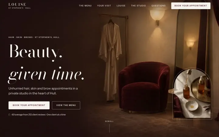 Louise beauty studio homepage: a candlelit dressing room with a velvet chair and the headline Beauty, given time.