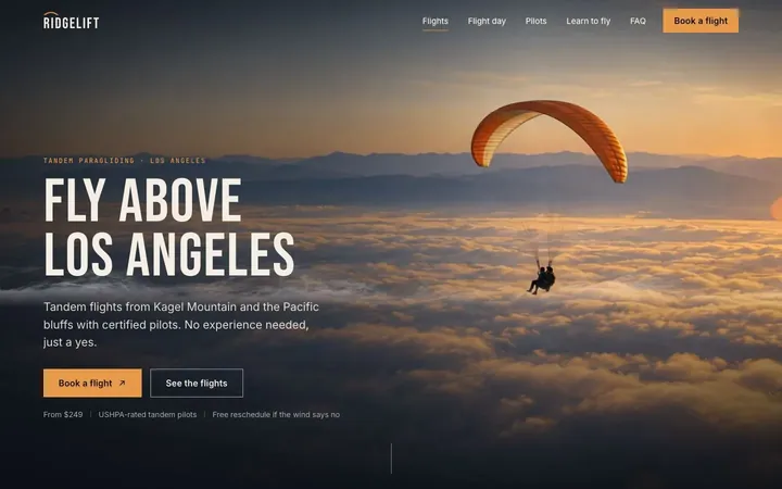 Ridgelift homepage: a paraglider above the clouds at sunset with the headline Fly above Los Angeles.