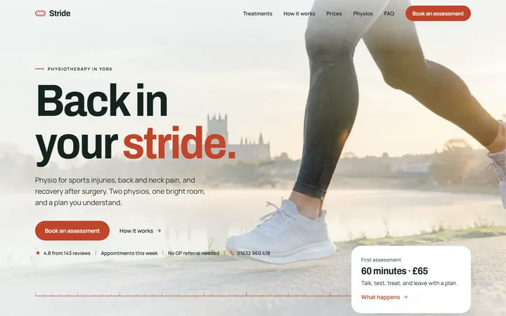 Stride Physio homepage: a runner's legs by the river and the headline Back in your stride.
