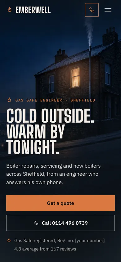 Emberwell on a phone: Cold outside. Warm by tonight. over a house at dusk, with Get a quote and Call buttons.