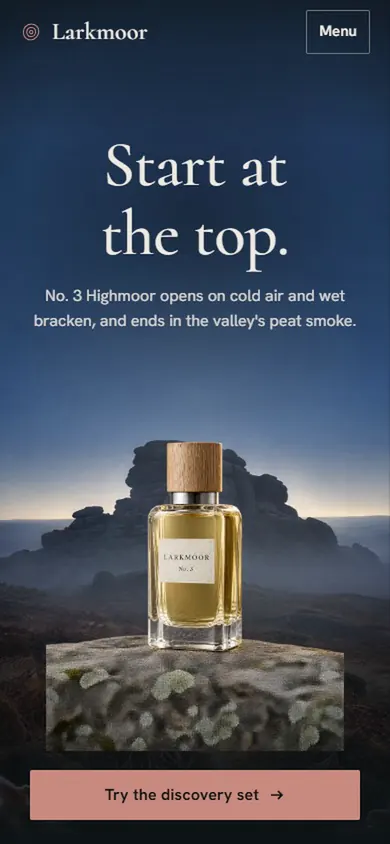 Larkmoor on a phone: Start at the top, with the perfume bottle on a rock.