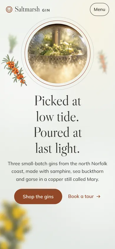 Saltmarsh Gin on a phone: the sight glass and Picked at low tide. Poured at last light.