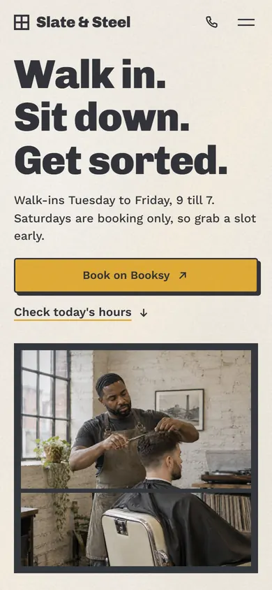 Slate and Steel on a phone: Walk in. Sit down. Get sorted. with a Book on Booksy button.
