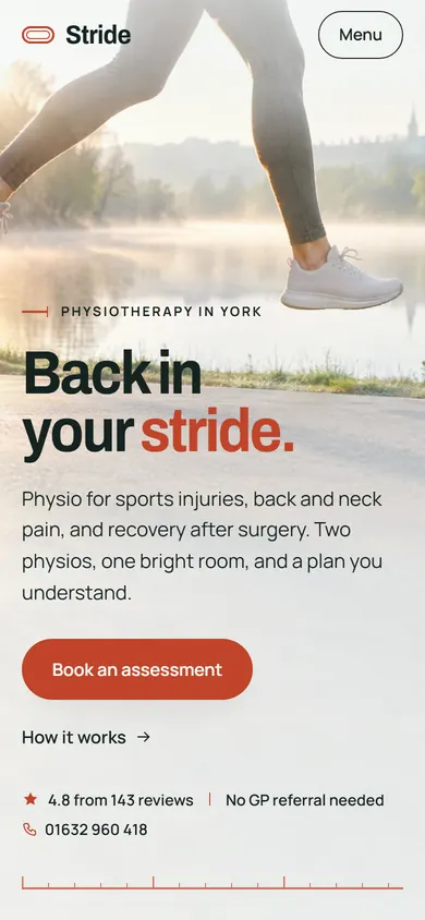 Stride Physio on a phone: a runner by the river and Back in your stride.